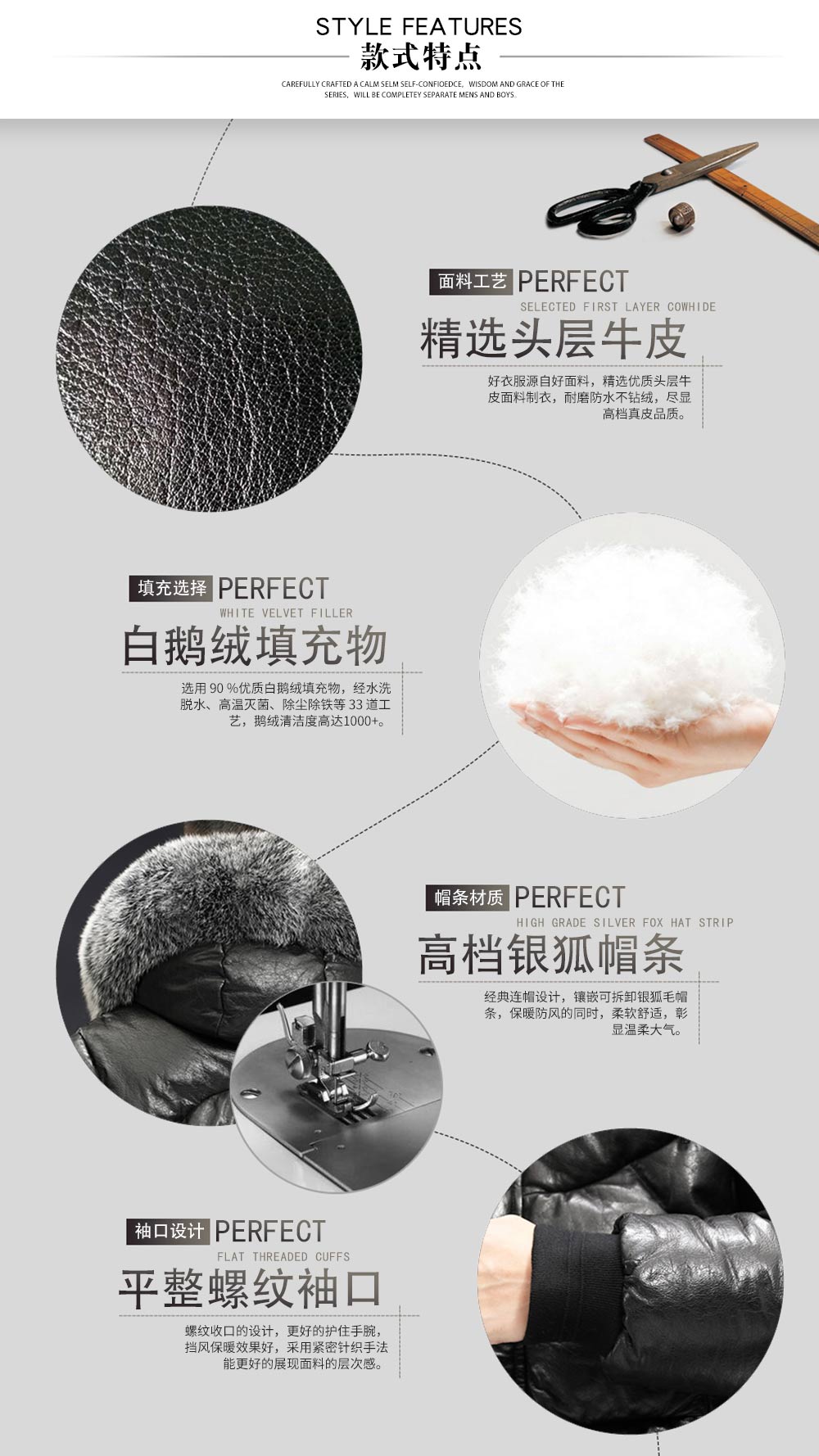 真皮連帽毛領羽絨服—款式特點