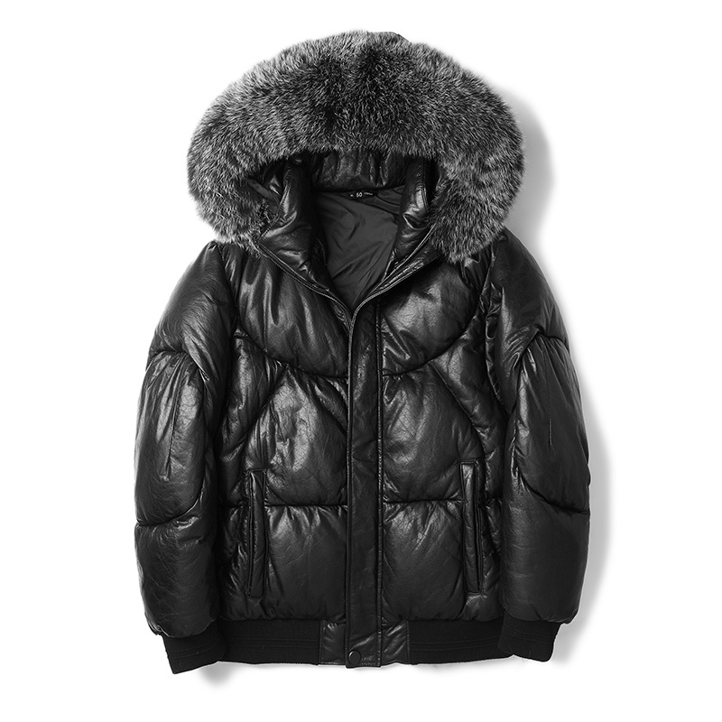 真皮連帽毛領(lǐng)羽絨服